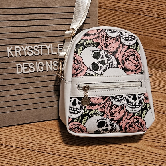 Source Unknown Handbags - Mini Skull and Flower Print Lightweight Crossbody Bag Gothic Pink